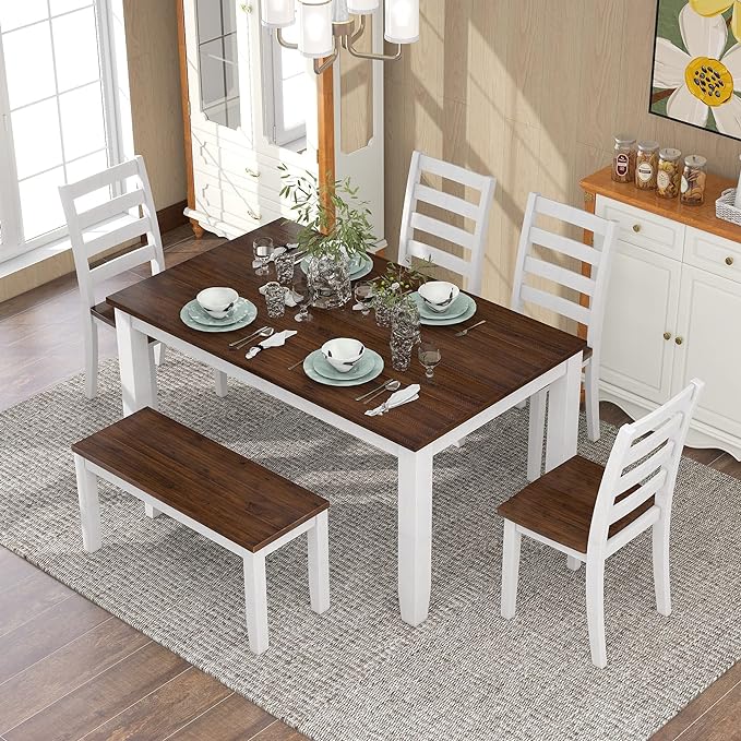 Retro Rustic Style, Including 4 Upholstered Chairs, 1 Bench, Room, Home Bar, and Kitchen,Walnut + Cottage White, 6 Piece Dining Table Set - LeafyLoom
