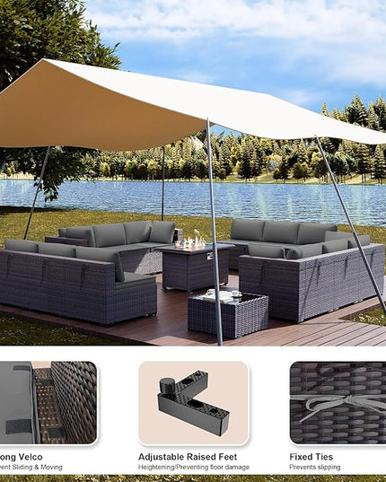 Kullavik 15PCS Outdoor Patio Furniture Set with 43" 55000BTU Gas Propane Fire Pit Table PE Wicker Rattan Sectional Sofa Patio Conversation Sets for Backyard,Grey Cushions - LeafyLoom