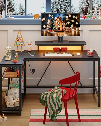 Bestier 58 L Shaped Gaming Desk with LED Lights & Power Outlets,Reversible Home Office Corner Desk with Shelves,Larger PC Workstation with Hooks for Studying,Desk for Bedroom,Carbon Fiber Black - LeafyLoom