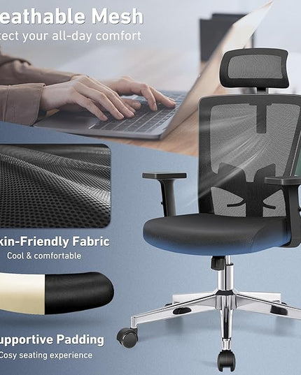 Office Chair, Ergonomic Desk Chair High Back Computer Chair Swivel Mesh Task Chair with Adjustable Lumbar Support Armrests Headrest Black - LeafyLoom