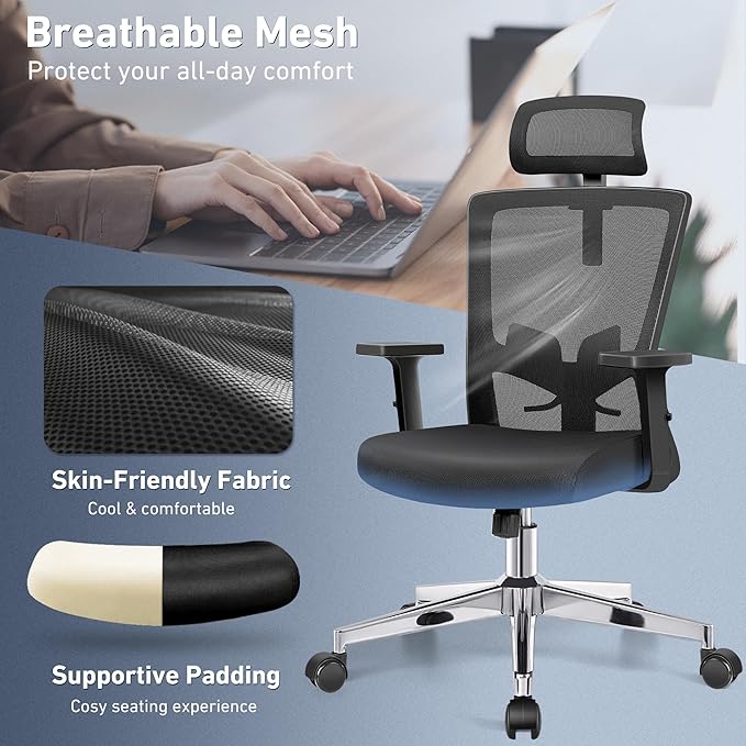 Office Chair, Ergonomic Desk Chair High Back Computer Chair Swivel Mesh Task Chair with Adjustable Lumbar Support Armrests Headrest Black - LeafyLoom