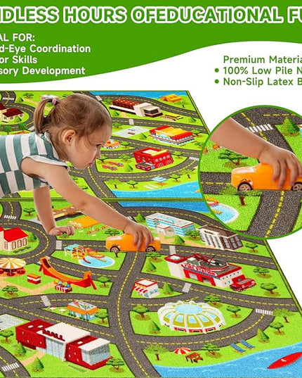 2 Packs Kids Rugs Car Play Mat Traffic Road Carpet for Car City Life Map Play Rug 31.5"×59" for Playroom Educational Mat Area Rug, Kid Playtime Collection Toddler Car Track Rug （2P: A+B - LeafyLoom