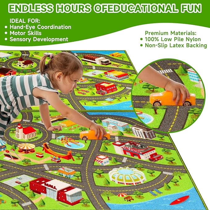2 Packs Kids Rugs Car Play Mat Traffic Road Carpet for Car City Life Map Play Rug 31.5"×59" for Playroom Educational Mat Area Rug, Kid Playtime Collection Toddler Car Track Rug （2P: A+B - LeafyLoom
