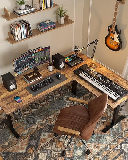FEZIBO 75 Inches, Supports over 300mlbs, L Shaped Standing Desk Reversible, Electric Height Adjustable Corner Stand up Desk, Sit Stand Desk Computer Workstation, Black Frame/Rustic Brown Top - LeafyLoom