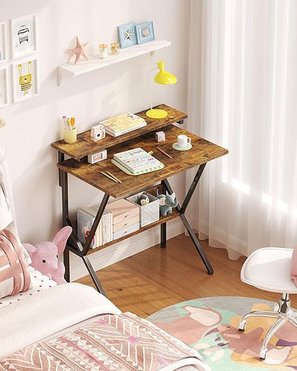COTUBLR Small Desk, 27.5 Inch Small Computer Desk for Small Spaces, Computer Desk with Adjustable Monitor Stand, Compact Desk with Storage, Tiny Desk Study Desk for Bedroom Home Office, Rustic Brown - LeafyLoom