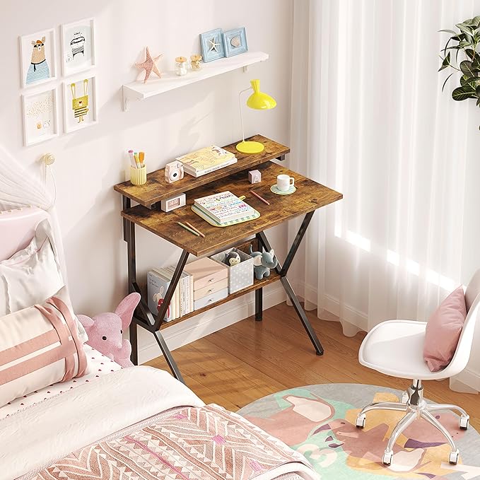 COTUBLR Small Desk, 27.5 Inch Small Computer Desk for Small Spaces, Computer Desk with Adjustable Monitor Stand, Compact Desk with Storage, Tiny Desk Study Desk for Bedroom Home Office, Rustic Brown - LeafyLoom