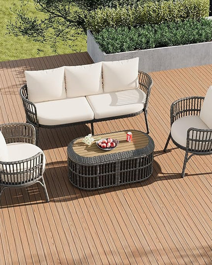 Furniture 4-Piece Outdoor Patio Conversation Seating for 5 Person and Coffee Table, Rattan Chair Wicker Sofa Bistro Sets for Porch, Backyard and Garden, Grey - LeafyLoom