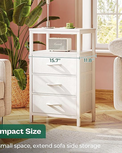 Nightstand with Charging Station, 27.6 Inch Side Table with Drawers, PU Leather Finish, End Table Bedside Table with USB Ports and Outlets, Night Stand for Bedroom, White - LeafyLoom