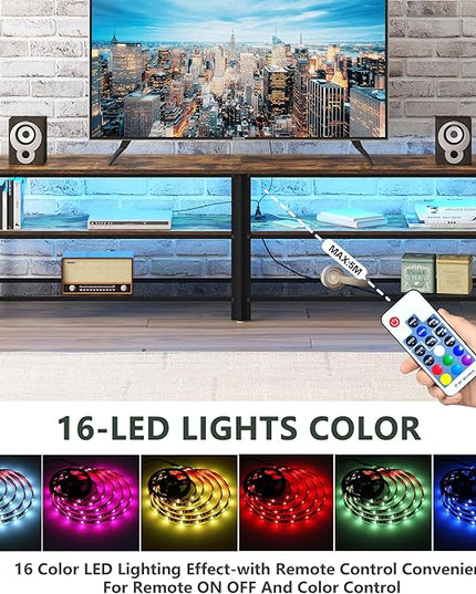 Clikuutory Modern Brown 63 inch Metal TV Stand with LED Lights and Power Outlets for 40 50 55 60 65 70 Inch TVs, 3 Tier Television Stands with Entertainment Center and Storage for Living Room, Bedroom - LeafyLoom