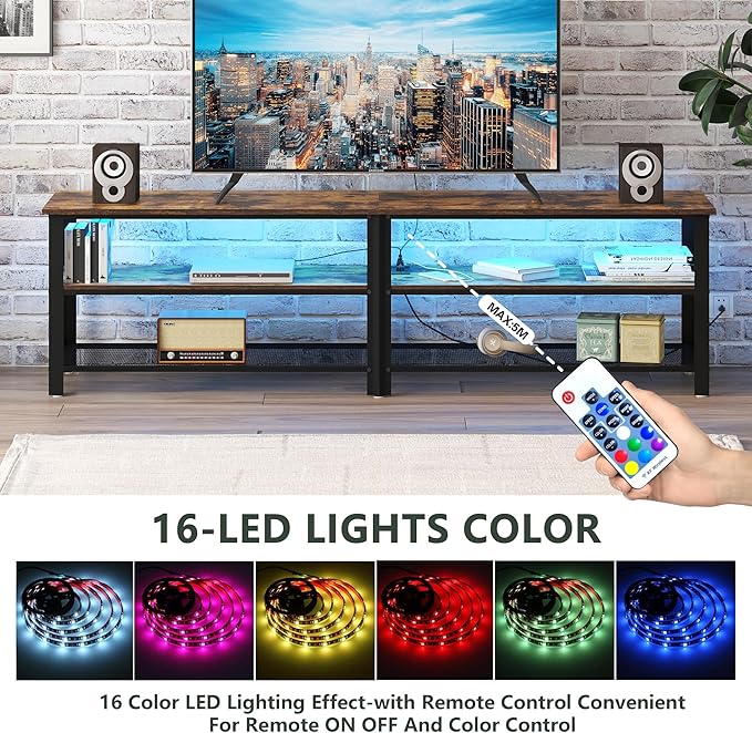 Clikuutory Modern Brown 63 inch Metal TV Stand with LED Lights and Power Outlets for 40 50 55 60 65 70 Inch TVs, 3 Tier Television Stands with Entertainment Center and Storage for Living Room, Bedroom - LeafyLoom