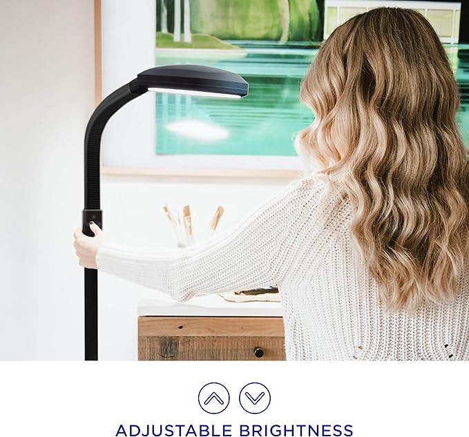 Verilux SmartLight Full Spectrum LED Modern Floor Lamp with Adjustable Brightness, Flexible Gooseneck and Easy Controls - Reduces Eye Strain and Fatigue - Ideal for Reading, Artists, Craft (Black) - LeafyLoom