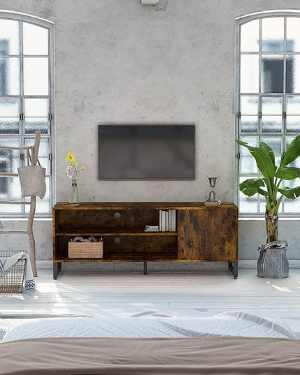 Novilla Media Console, TV Stand for TV's up to 58" Flat Screen Living Room Storage Cabinet Doors and Shelves Entertainment Center, 53 Inches, Brown - LeafyLoom