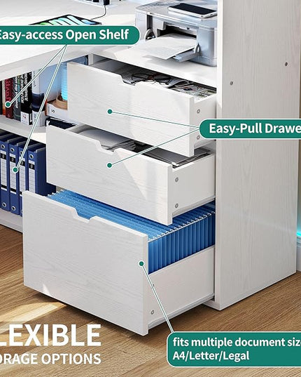 DWVO L Shaped Desk with Drawers, 55" Corner Computer Desk with Bookshelf & Power Outlets & LED Lights, Home Office Desk with Storage Shelves, White - LeafyLoom