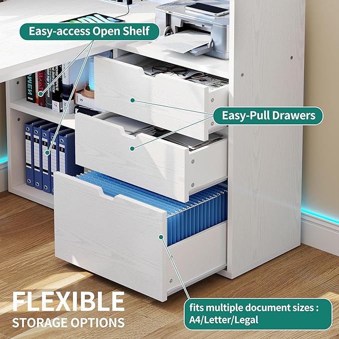 DWVO L Shaped Desk with Drawers, 55" Corner Computer Desk with Bookshelf & Power Outlets & LED Lights, Home Office Desk with Storage Shelves, White - LeafyLoom