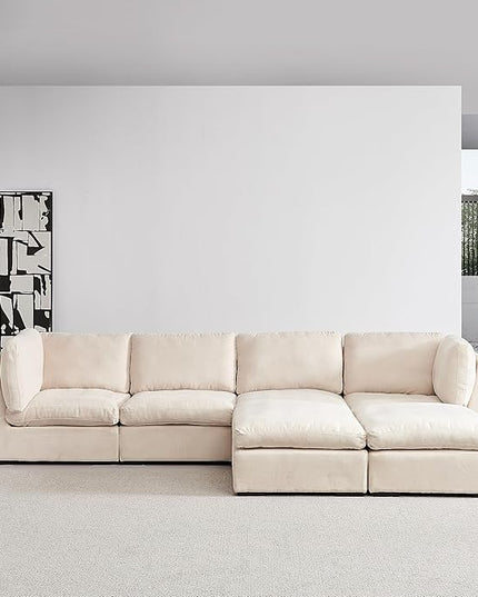 U Shaped Down Filled Oversized Cloud Couch with Double Chaise, Deep Seat Free Combination Convertible Corner Sectional Sofa Bed with Detachable Backrest and Wooden Legs for Living Room Office - LeafyLoom