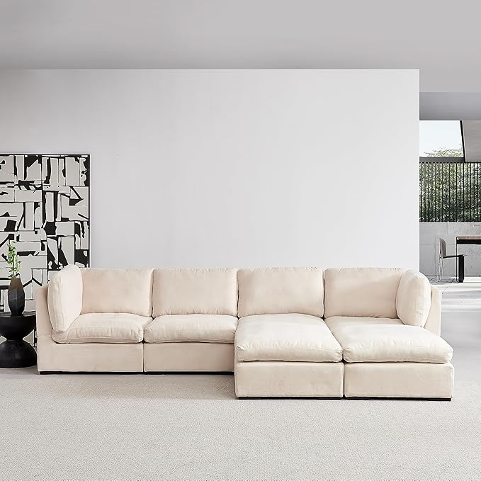 U Shaped Down Filled Oversized Cloud Couch with Double Chaise, Deep Seat Free Combination Convertible Corner Sectional Sofa Bed with Detachable Backrest and Wooden Legs for Living Room Office - LeafyLoom