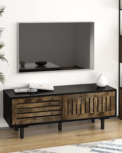 Mid-Century Modern TV Stand, Glossy Black TV Console with Sliding Doors, TV Console with Large Storage, Entertainment Center with Sturdy Solid Wood Legs, Living Room&Bedroom, Brown&Black - LeafyLoom
