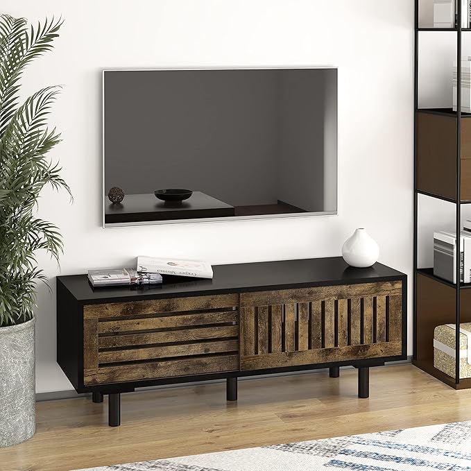 Mid-Century Modern TV Stand, Glossy Black TV Console with Sliding Doors, TV Console with Large Storage, Entertainment Center with Sturdy Solid Wood Legs, Living Room&Bedroom, Brown&Black - LeafyLoom