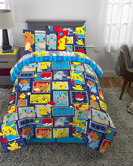 Franco Kids Bedding Super Soft Comforter and Sheet Set with Sham, 5 Piece Twin Size, Pokemon - LeafyLoom