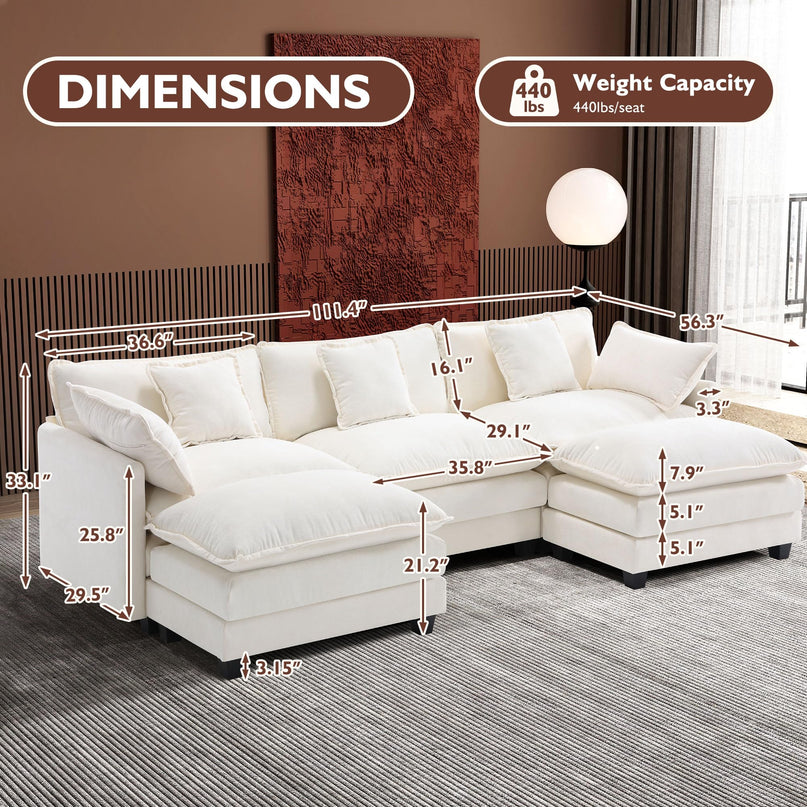 Ihanherry 111.4" L Shaped Modern Sofa Modular Sectional Cloud Couch with Ottoman, 4-Seat Chenille Deep Seat Sofa with Pillow for Living Room, Bedroom and Apartment, Beige LeafyLoom
