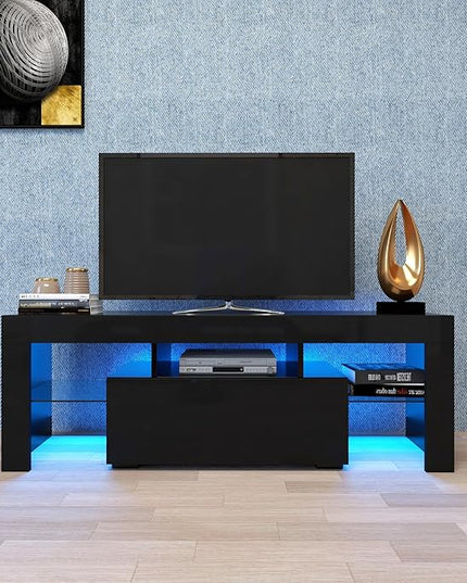 70Inch TV Stand Base, Entertainment Center Cabinet with LED Light Media Console for Living Room, Bedroom, Black-2 - LeafyLoom