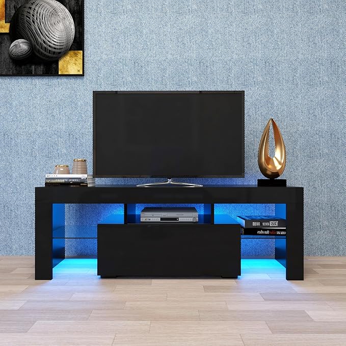 70Inch TV Stand Base, Entertainment Center Cabinet with LED Light Media Console for Living Room, Bedroom, Black-2 - LeafyLoom