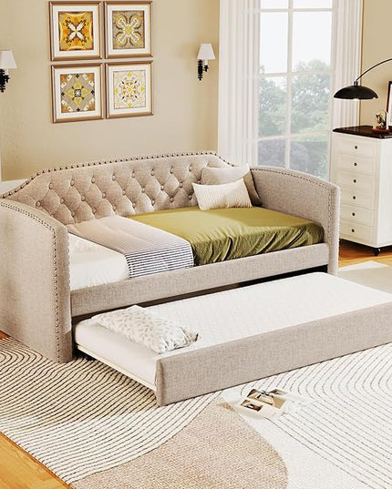 Merax Linen Upholstered Daybed with Twin Size Trundle Bed, Daybed Frame with Button Tufting for Living Room,Guest Room,Wood Slat Support, Beige - LeafyLoom