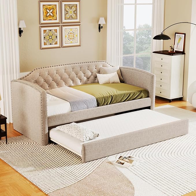 Merax Linen Upholstered Daybed with Twin Size Trundle Bed, Daybed Frame with Button Tufting for Living Room,Guest Room,Wood Slat Support, Beige - LeafyLoom