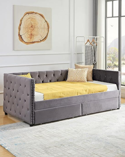 Twin Size Velvet Upholstered Daybed with Two Storage Drawers, Solid Wood Sofa Bed w/Button Tufted Backrest, for Living Room, Bedroom, Dorm, No Box Spring Needed, Grey - LeafyLoom