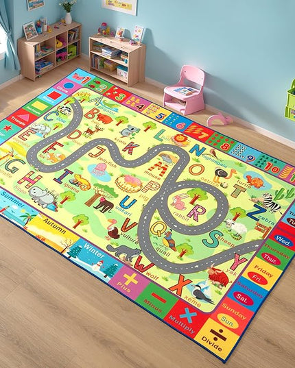 Terrug Kids Rugs for Playroom, Educational Classroom Rug for Kids Room, Washable Nursery Rug Carpet Non Slip Playroom Rug Play Mat for Learning ABC Rug, Numbers, Animal, Colors, Season, 4X6 Feet - LeafyLoom