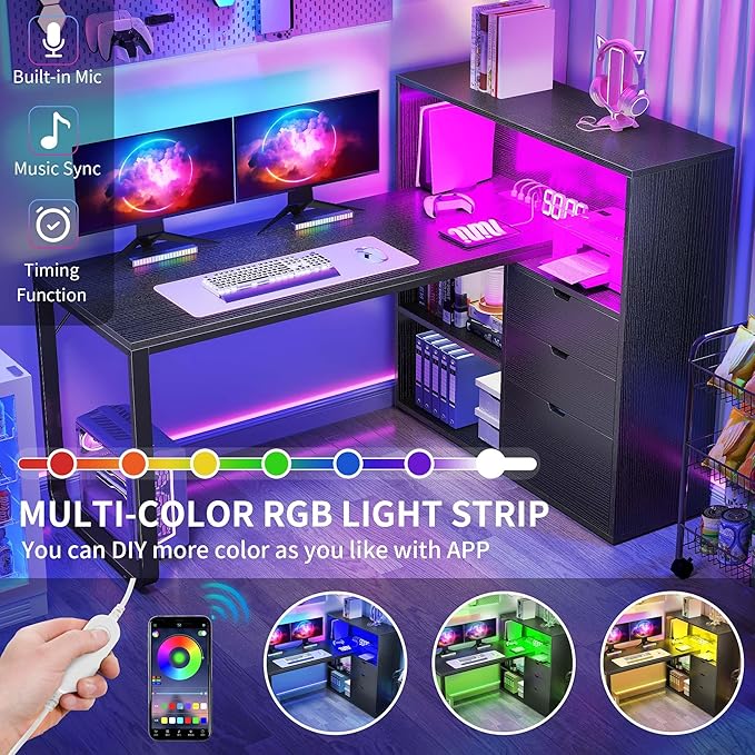 DWVO L Shaped Desk with Drawers, 55" Corner Computer Desk with Bookshelf & Power Outlets & LED Lights, Home Office Desk with Storage Shelves, Black - LeafyLoom