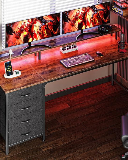 63 Inch Computer Desk with Power Outlets and LED Lights, Gaming Desk with 4 Drawers, Office Desk with Monitor Stand, Study Desk Work Desk for Home Office, Rustic Brown - LeafyLoom