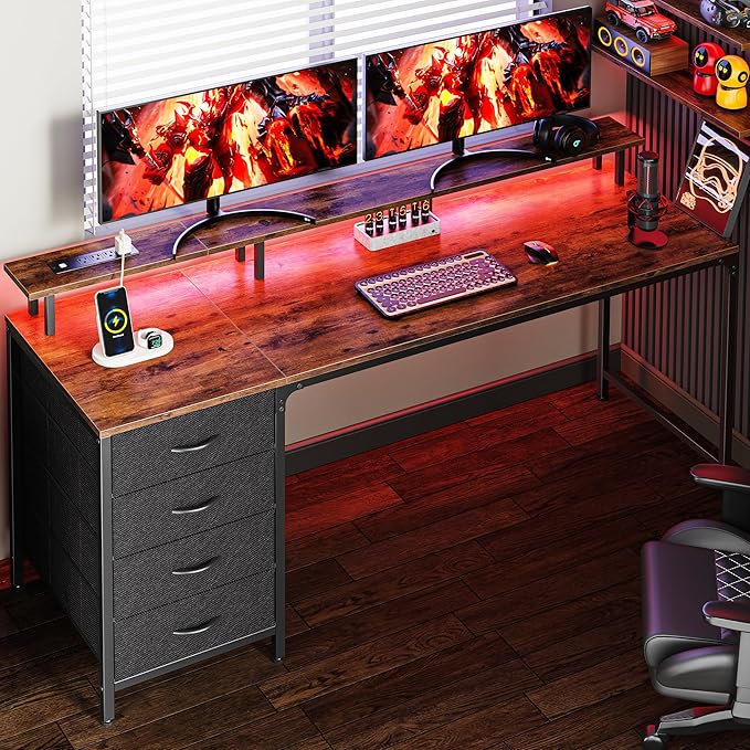 63 Inch Computer Desk with Power Outlets and LED Lights, Gaming Desk with 4 Drawers, Office Desk with Monitor Stand, Study Desk Work Desk for Home Office, Rustic Brown - LeafyLoom