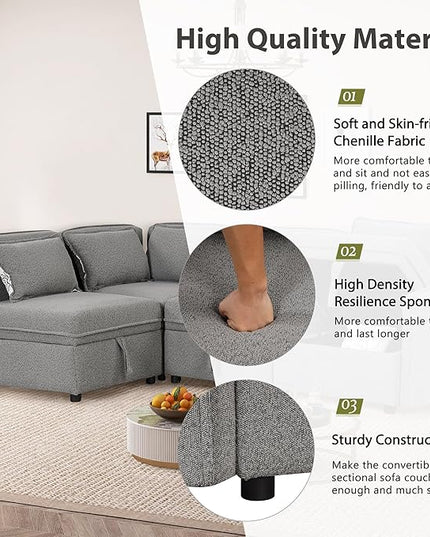 123" Modular Sectional Sofa, Convertible Minimalist 4-seat Couch with 5 Pillows for Living Room,Apartment, Free Combination, 122.8inch, Gray - LeafyLoom