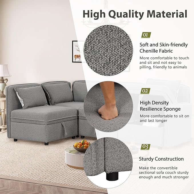 123" Modular Sectional Sofa, Convertible Minimalist 4-seat Couch with 5 Pillows for Living Room,Apartment, Free Combination, 122.8inch, Gray - LeafyLoom