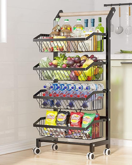COVAODQ Snack Cart with Wheels 4-Tier Adjustable Fruit Rack Fruit Vegetable Basket Cart Metal Wire Storage Cart Rolling Pantry Utility Kitchen Cart - LeafyLoom