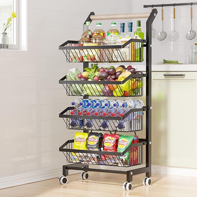 COVAODQ Snack Cart with Wheels 4-Tier Adjustable Fruit Rack Fruit Vegetable Basket Cart Metal Wire Storage Cart Rolling Pantry Utility Kitchen Cart - LeafyLoom