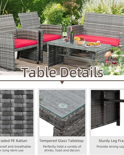 Shintenchi 4-Piece Outdoor Gray Wicker Patio Conversation Furniture Set, Rattan Patio Furniture Set with Weather Resistant Cushions and Tempered Glass Tabletop,Red - LeafyLoom