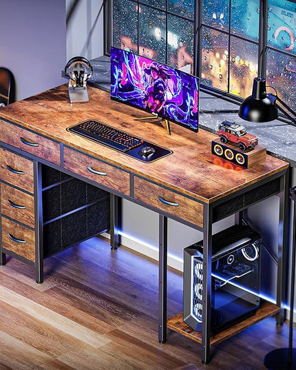 Computer Desk with 6 Drawers, 47 Inch Office Desk with Shelves, Reversible Gaming Desk, Corner Desk with Storage, Work Desk for Home Office, Study, Living Room, Rustic Brown - LeafyLoom