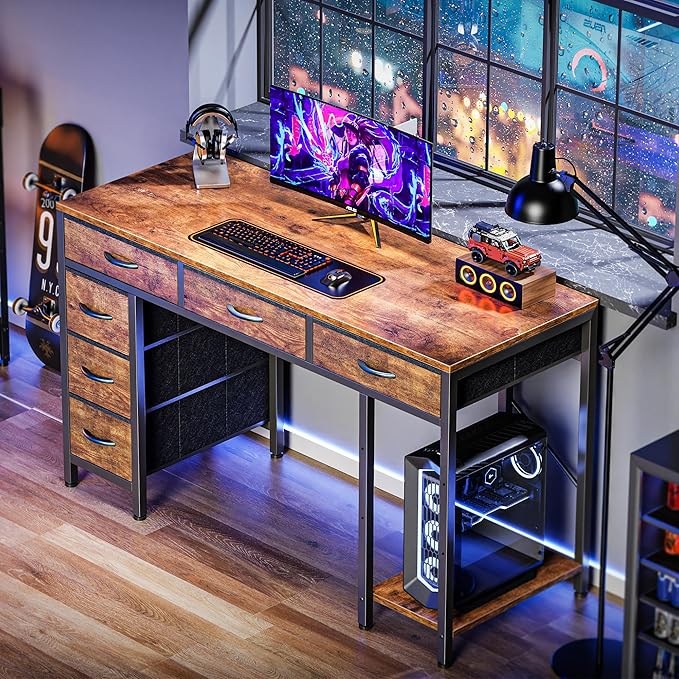 Computer Desk with 6 Drawers, 47 Inch Office Desk with Shelves, Reversible Gaming Desk, Corner Desk with Storage, Work Desk for Home Office, Study, Living Room, Rustic Brown - LeafyLoom