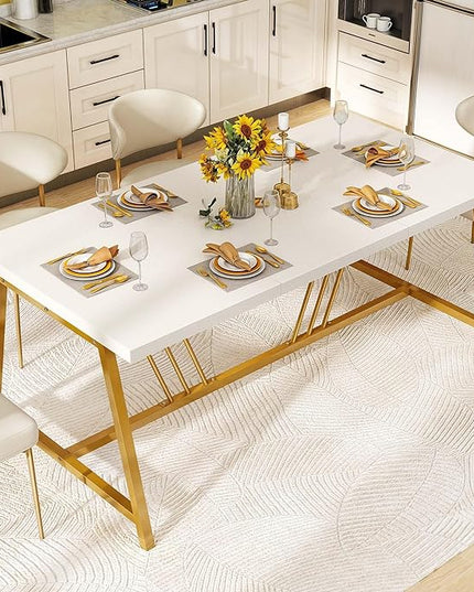 YITAHOME 70.9 Inch Large White Dining Table for 6-8 People, Modern Farmhouse Kitchen Dinner Table with Gold Geometric Metal Legs, Rectangular Wood Dining Room Dinette Table for Kitchen, Living Room - LeafyLoom