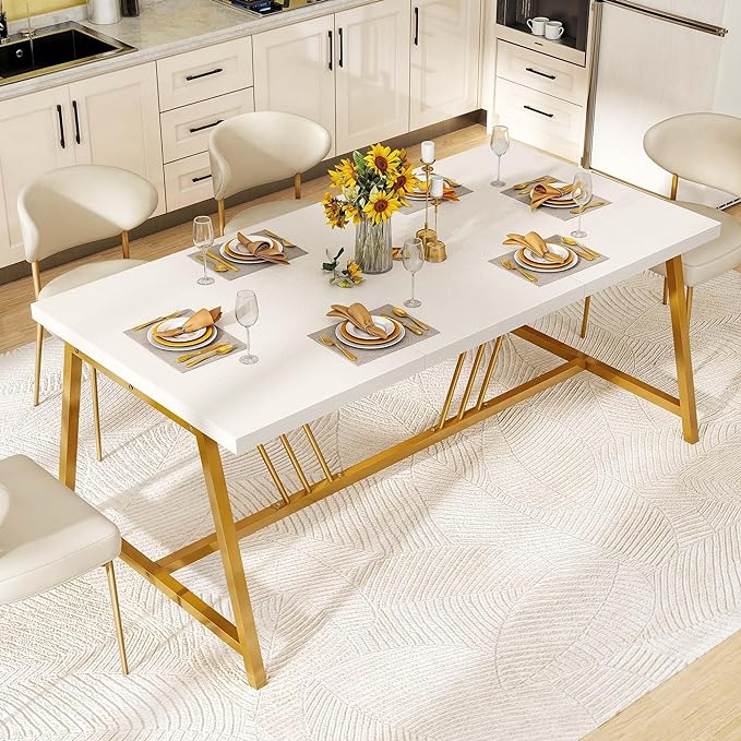 YITAHOME 70.9 Inch Large White Dining Table for 6-8 People, Modern Farmhouse Kitchen Dinner Table with Gold Geometric Metal Legs, Rectangular Wood Dining Room Dinette Table for Kitchen, Living Room - LeafyLoom
