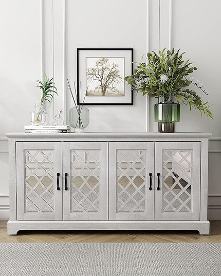 Galano Millicent TV Stand for 65+ Inch TV, Tall Entertainment Center with Mirror Doors, Rustic Media Console with Storage Shelves, Wood Television Stand for Living Room, Dusty Grey Oak - LeafyLoom