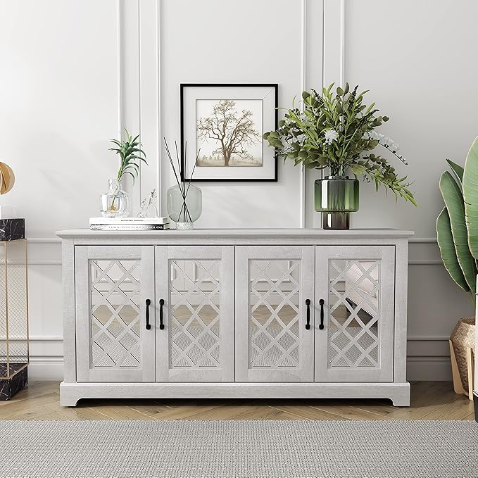 Galano Millicent TV Stand for 65+ Inch TV, Tall Entertainment Center with Mirror Doors, Rustic Media Console with Storage Shelves, Wood Television Stand for Living Room, Dusty Grey Oak - LeafyLoom