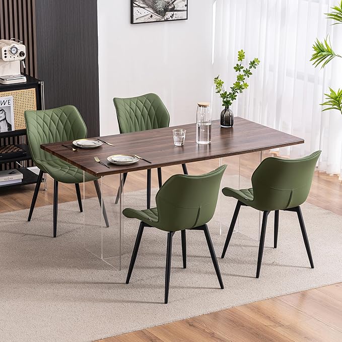 YOUNIKE Dining Chairs Set of 2, Upholstered Faux Leather Kitchen Dining Room Chairs, Modern Living Room Bedroom Side Chairs with Wide Curved Back and Metal Legs, Olive Green - LeafyLoom