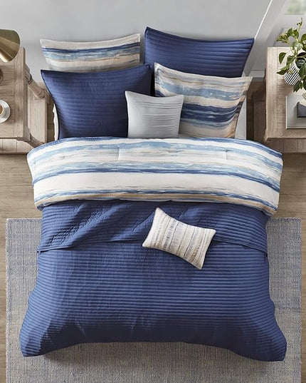 Madison Park Marina Comforter Quilt Combo Set - Modern Luxury Design, All Season Down Alternative Bedding, Matching Shams, Decorative Pillows, King/Cal King(104"x92") Seersucker Blue 8 Piece - LeafyLoom