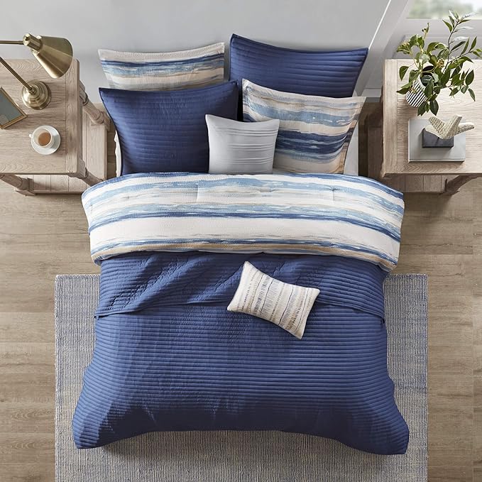 Madison Park Marina Comforter Quilt Combo Set - Modern Luxury Design, All Season Down Alternative Bedding, Matching Shams, Decorative Pillows, Full/Queen(90"x90"), Seersucker Blue 8 Piece - LeafyLoom