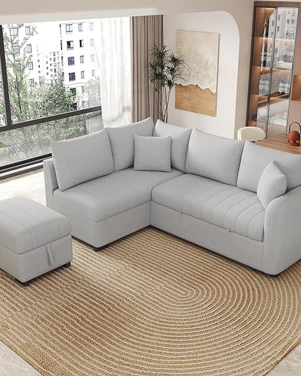 82" L-shaped Sectional Sleeper Sofa with Chaise,Pull Out Bed for Living Room Furniture Sets, 2 USB Ports, Power Sockets and Movable Storage Ottoman, Gray Upholstery - LeafyLoom