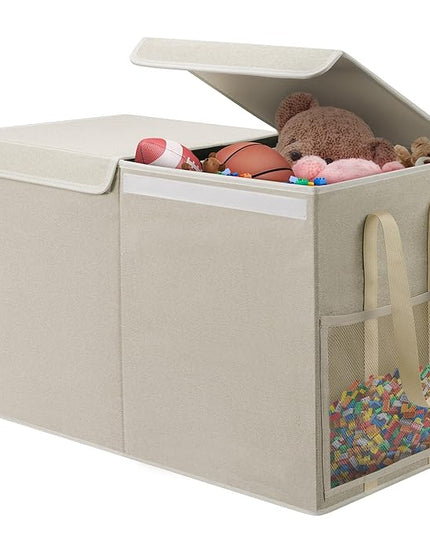 Large Toy Box for Boys Girls Toy Chest Kids Toy Storage Organizer Collapsible Toy Storage Bin Basket with Two Mesh Pockets for Nursery Playroom Bedroom Living Room Organization - LeafyLoom