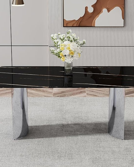 NicBex Modern Minimalist Dining Table Black Imitation Marble Glass Desktop is Equipped with Silver Metal Legs Suitable for Restaurants and Living Rooms, Black + Silver - LeafyLoom